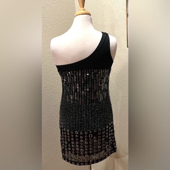 Alice + Olivia Studded Liquid Gunmetal One Shoulder Bodycon Mini Dress Black M - Picture 4 of 9